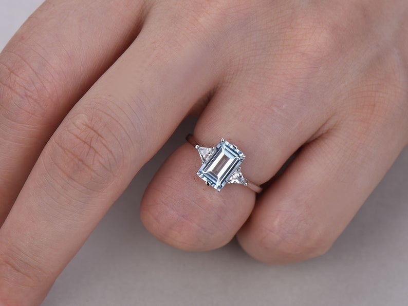 2.10 Ct Emerald Cut Aquamarine 925 Sterling Silver Three-Stone Anniversary Gift Ring