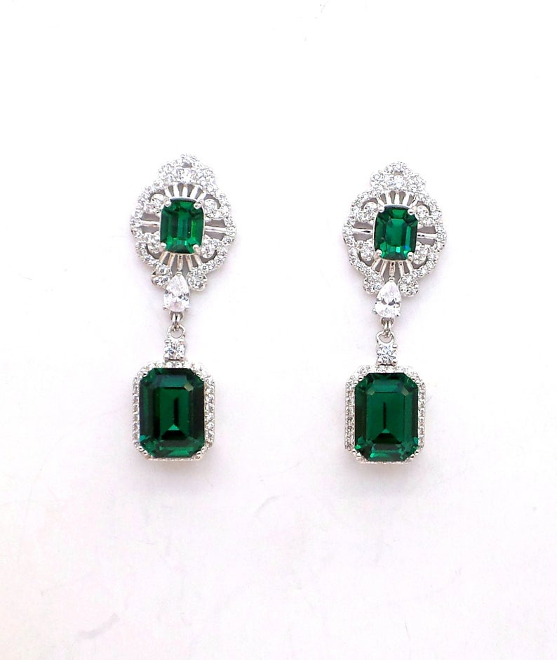 4.00 Ct Emerald Cut Green Emerald Gorgeous Bridal Wedding Earrings In 925 Sterling Silver