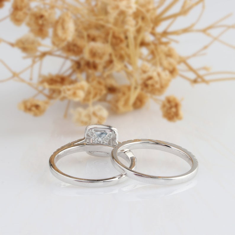1 CT Princess Cut Aquamarine Diamond 925 Sterling Silver Halo Wedding Set