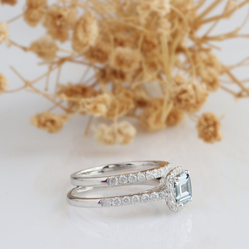 1 CT Princess Cut Aquamarine Diamond 925 Sterling Silver Halo Wedding Set