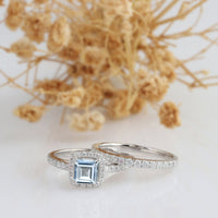 1 CT Princess Cut Aquamarine Diamond 925 Sterling Silver Halo Wedding Set