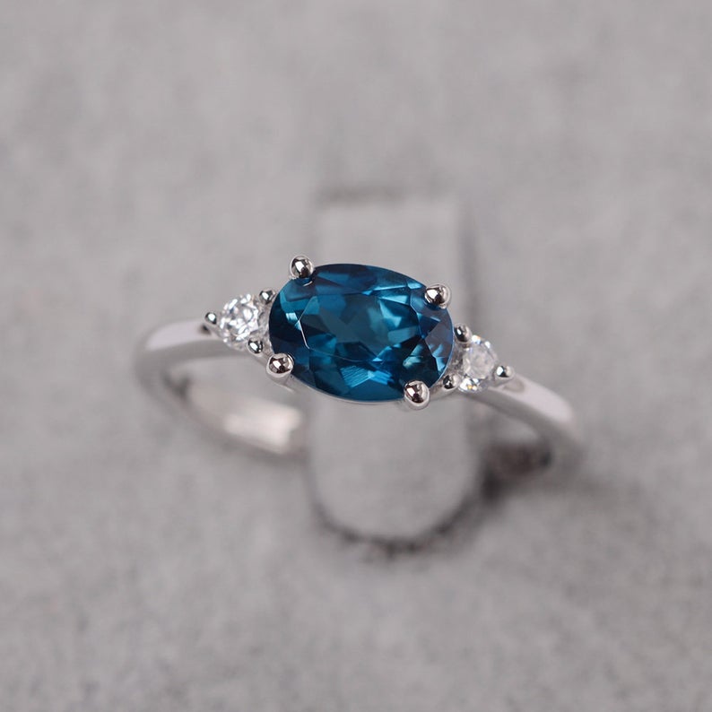 1.20 Ct Oval Cut London Blue Topaz 925 Sterling Silver Three-Stone Engagement Ring