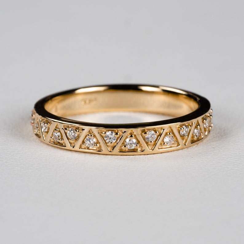 1.20 CT Round Cut Diamond Yellow Gold Ove On 925 Sterling Silver Triangle Full Eternity Ring