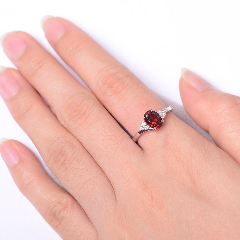 1.75 Ct Oval Cut Red Garnet 925 Sterling Silver Solitaire W/Accents Anniversary Gift Ring For Her