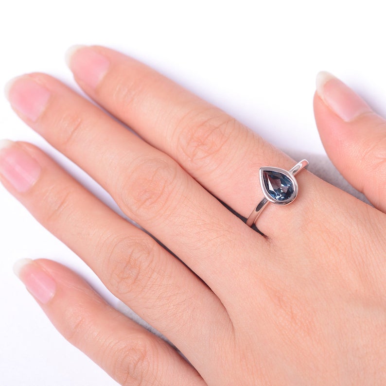 1.00 Ct Pear Cut London Blue Topaz 925 Sterling Silver Bezel Set December Birthstone Ring