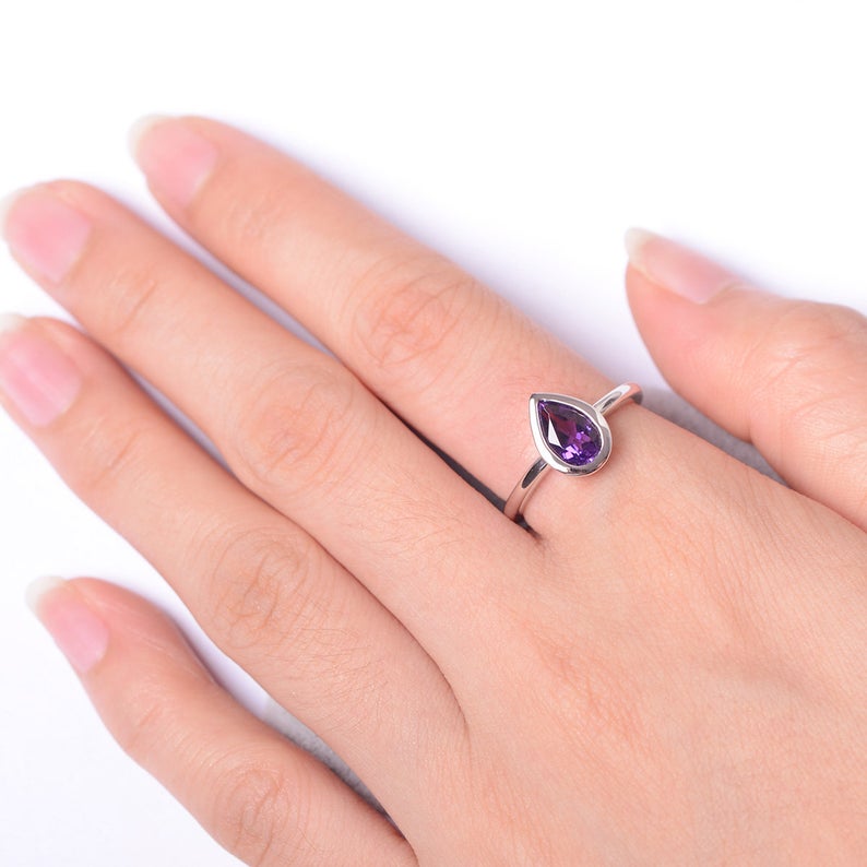 1.00 Ct Pear Cut Purple Amethyst 925 Sterling Silver Solitaire February Birthstone Ring