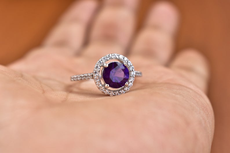 1 CT Cushion Cut Amethyst Diamond 925 Sterling Silver Halo Wedding Gift Ring