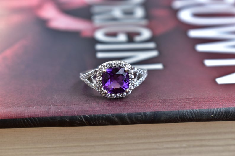 1 CT Cushion Cut Amethyst Diamond 925 Sterling Silver Halo Engagement Ring