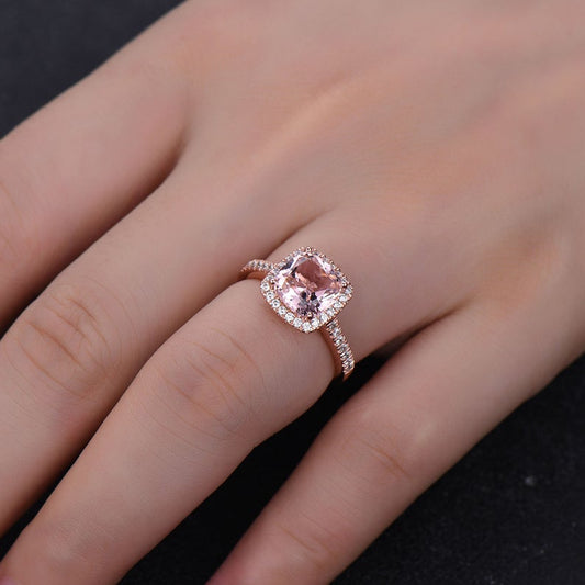 2 CT Cushion Cut Pink Morganite Diamond 925 Sterling Sliver Engagement Halo Promise Ring  Promise Ring