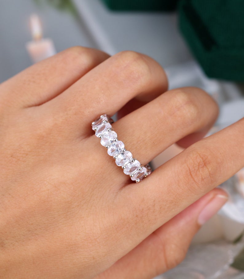1 CT Oval Cut Moissnaite White Gold Over On 925 Sterling Silver Full Eternity Wedding Bnad Ring