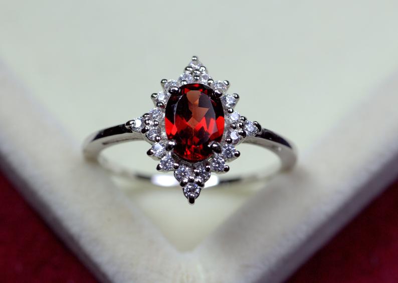 2.10 Ct Oval Cut Red Garnet 925 Sterling Silver Vintage Halo Engagement Ring