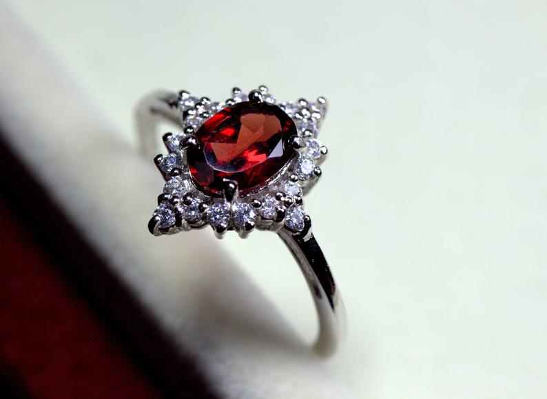 2.10 Ct Oval Cut Red Garnet 925 Sterling Silver Vintage Halo Engagement Ring