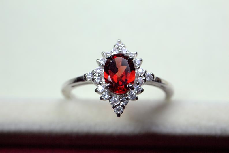 2.10 Ct Oval Cut Red Garnet 925 Sterling Silver Vintage Halo Engagement Ring
