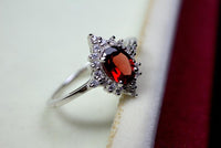 2.10 Ct Oval Cut Red Garnet 925 Sterling Silver Vintage Halo Engagement Ring