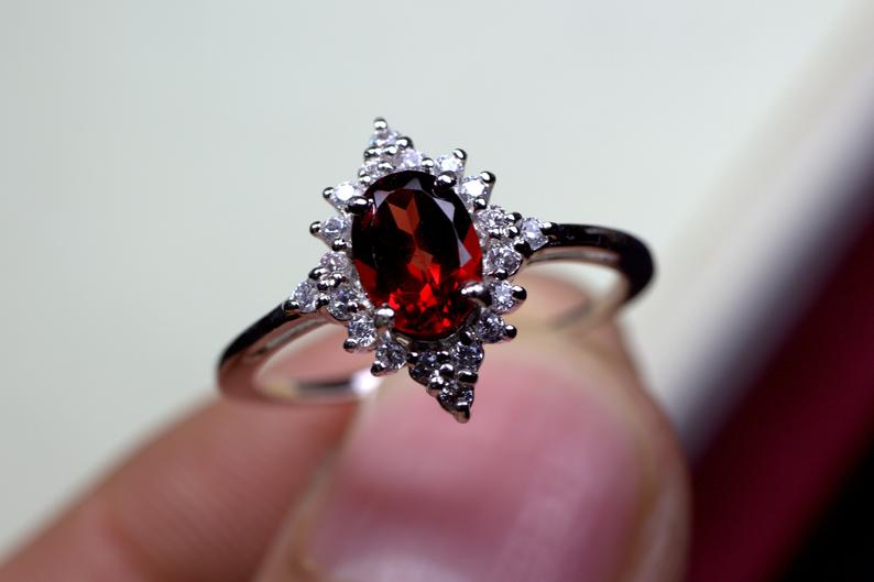 2.10 Ct Oval Cut Red Garnet 925 Sterling Silver Vintage Halo Engagement Ring