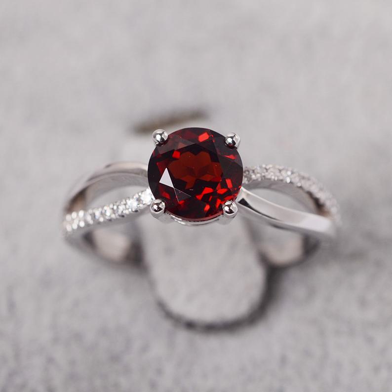 1.20 Ct Round Cut Red Garnet 925 Sterling Silver Split Shank Engagement Ring