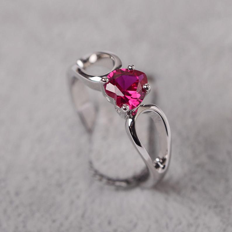 1.00 Ct Heart Cut Pink Ruby Solitaire Promise Ring In 925 Sterling Silver