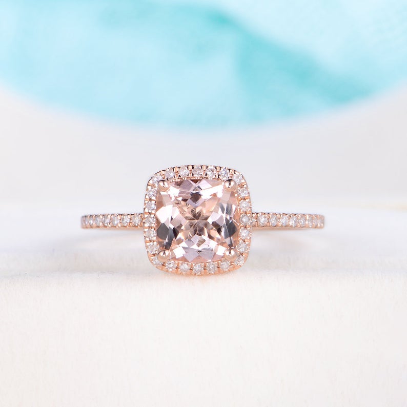 1 CT Cushion Cut Morganite Diamond Rose Gold Over On 925 Sterling Silver Halo Engagement Ring