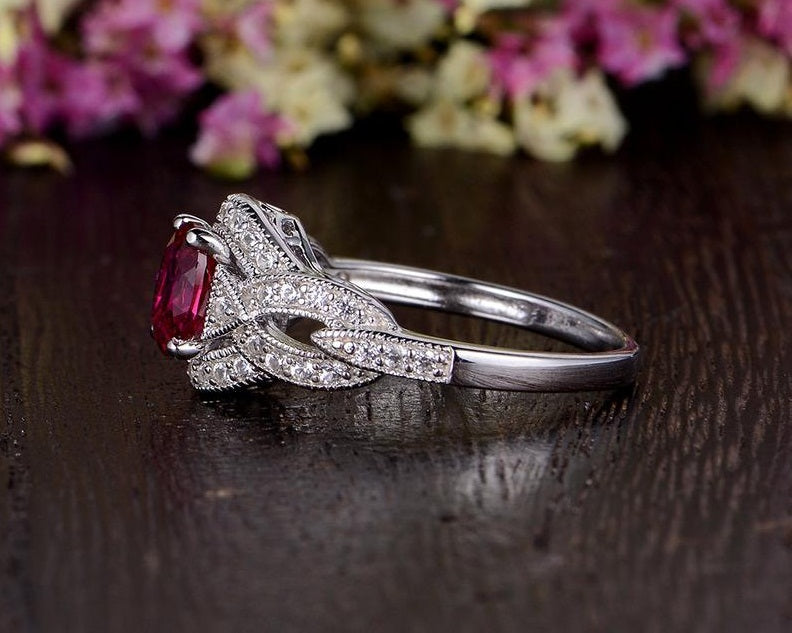 2.75 Ct Oval Cut Red Ruby White Gold Over On 925 Sterling Silver Love Knot Engagement Ring