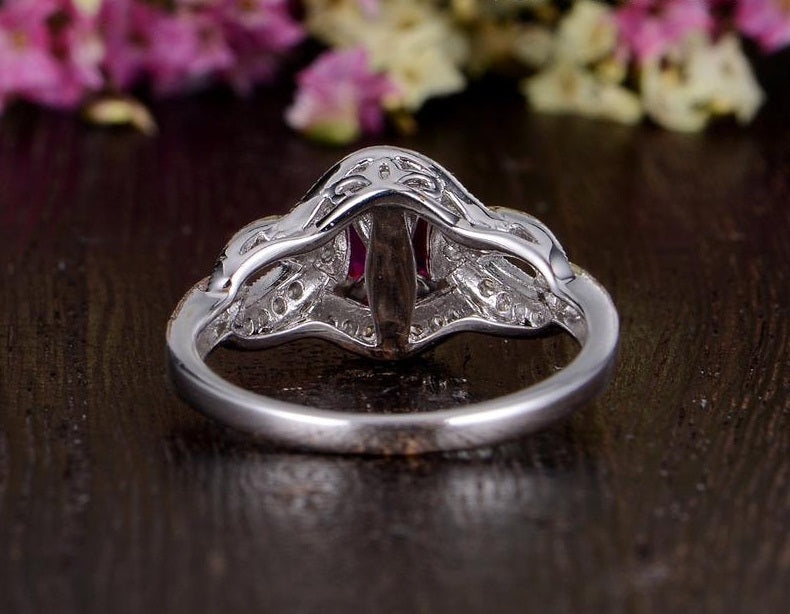 2.75 Ct Oval Cut Red Ruby White Gold Over On 925 Sterling Silver Love Knot Engagement Ring