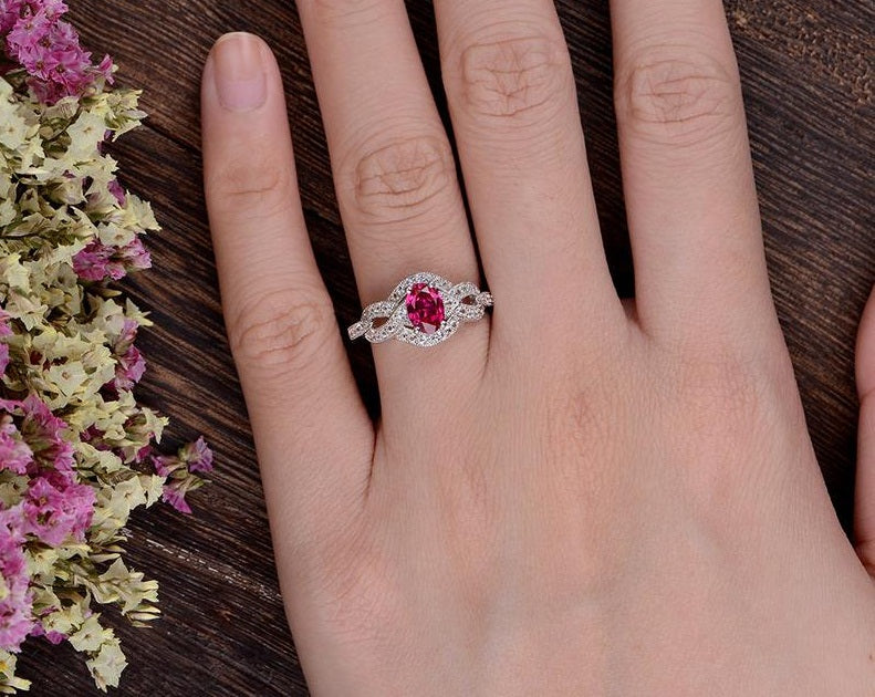2.75 Ct Oval Cut Red Ruby White Gold Over On 925 Sterling Silver Love Knot Engagement Ring