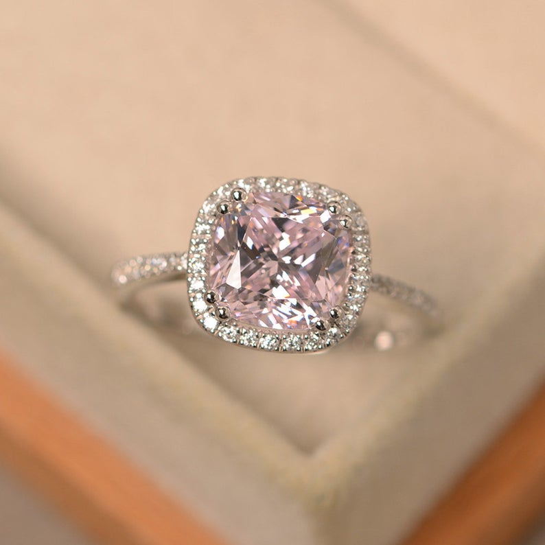 2.50 Ct Cushion Cut Pink Sapphire 925 Sterling Silver Halo Engagement Wedding Ring