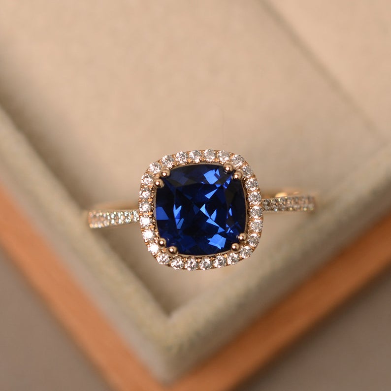 2.25 Ct Cushion Cut Blue Sapphire Yellow Gold Over On 925 Sterling Silver Halo Wedding Ring