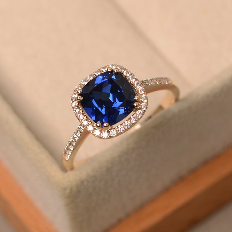 2.25 Ct Cushion Cut Blue Sapphire Yellow Gold Over On 925 Sterling Silver Halo Wedding Ring