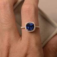 2.25 Ct Cushion Cut Blue Sapphire Yellow Gold Over On 925 Sterling Silver Halo Wedding Ring