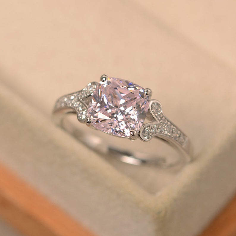 Ct Cushion Cut Pink Sapphire 925 Sterling Silver Solitaire W/Accents  Engagement Ring