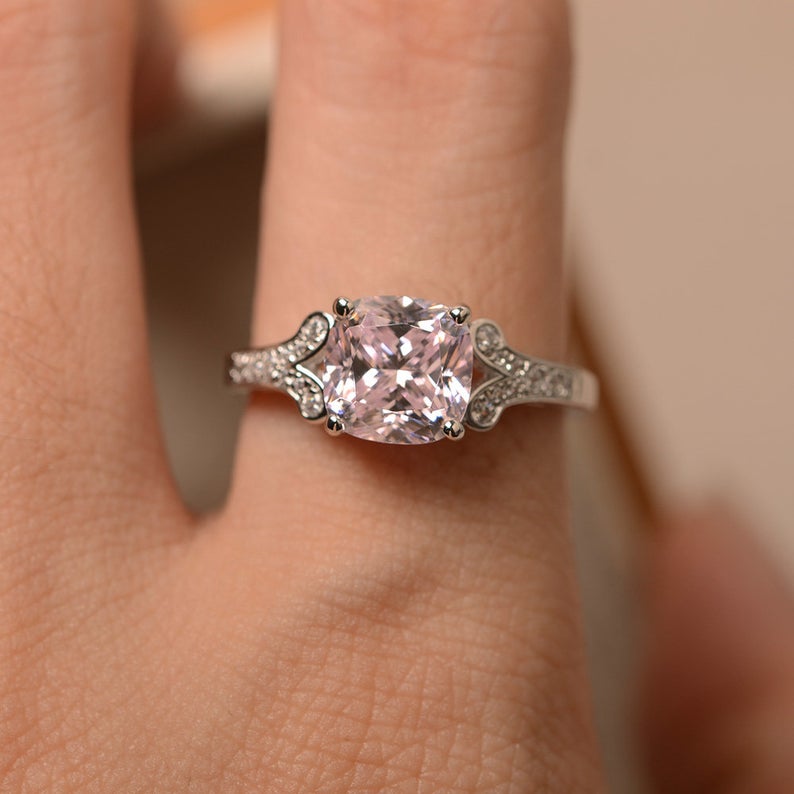 2.10 Ct Cushion Cut Pink Sapphire 925 Sterling Silver Solitaire W/Accents Engagement Ring