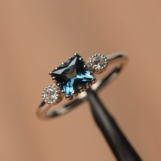 2.00 Ct Princess Cut London Blue Topaz Three-Stone Promise Ring In 925 Sterling Silver
