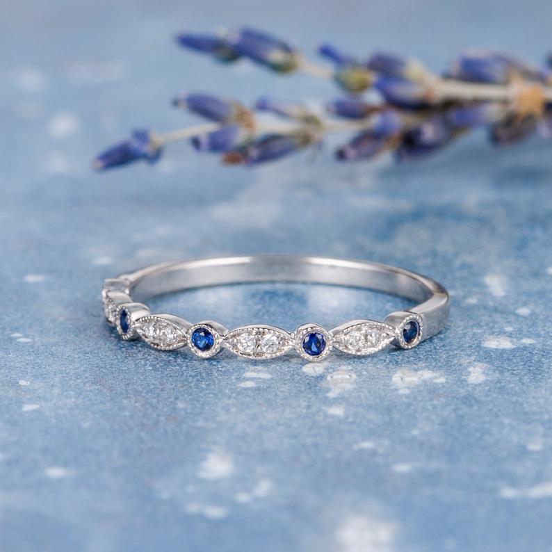 0.75 Ct Round Cut Blue Sapphire & White CZ 925 Sterling Silver Half Eternity Promise Ring
