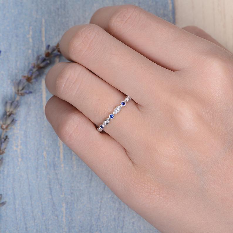 0.75 Ct Round Cut Blue Sapphire & White CZ 925 Sterling Silver Half Eternity Promise Ring