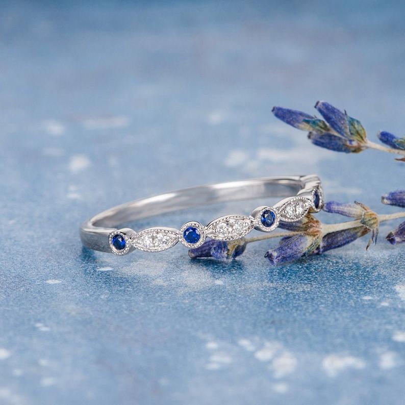 0.75 Ct Round Cut Blue Sapphire & White CZ 925 Sterling Silver Half Eternity Promise Ring