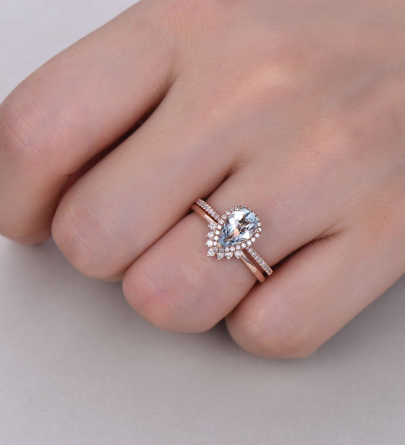 2 CT Pear Cut Aquamarine Diamond Rose Gold Over On 925 Sterling Silver Halo Wedding Bridal Ring Set