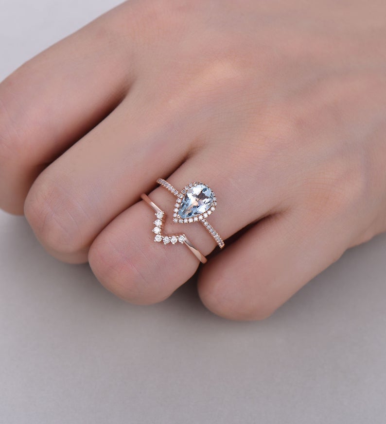 2 CT Pear Cut Aquamarine Diamond Rose Gold Over On 925 Sterling Silver Halo Wedding Bridal Ring Set