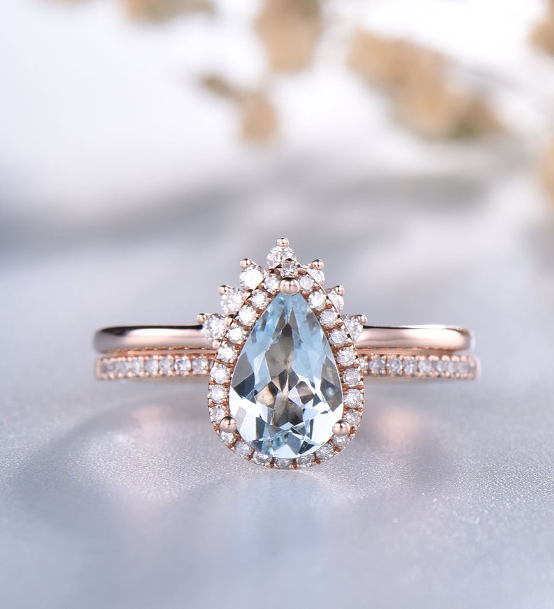 2 CT Pear Cut Aquamarine Diamond Rose Gold Over On 925 Sterling Silver Halo Wedding Bridal Ring Set