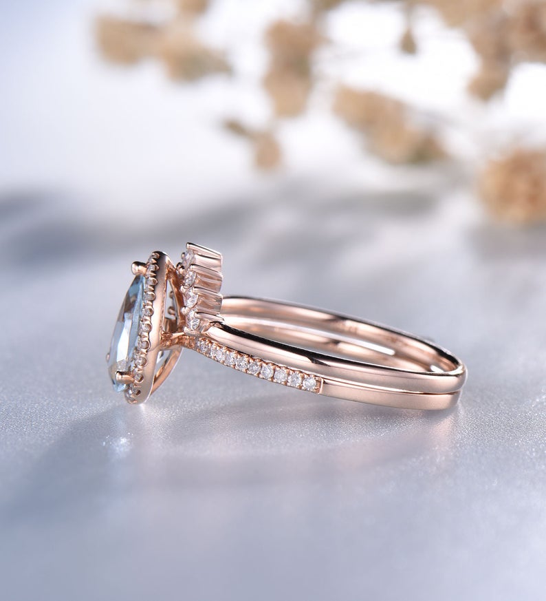 2 CT Pear Cut Aquamarine Diamond Rose Gold Over On 925 Sterling Silver Halo Wedding Bridal Ring Set