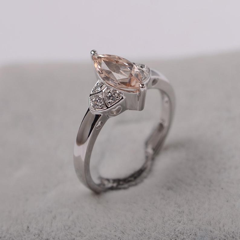1.20 Ct Marquise Cut Peach Morganite 925 Sterling Silver Unique Anniversary Gift Ring For Her