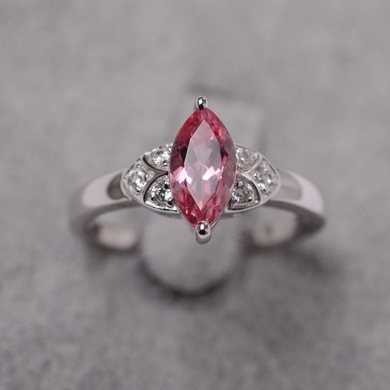 1.25 Ct Marquise Cut Pink Tourmaline 925 Sterling Silver Unique Anniversary Gift Ring