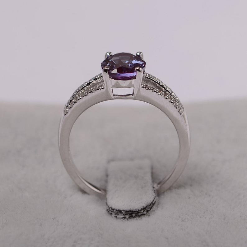 1.75 Ct Oval Cut Alexandrite Three Row Split Shank 925 Sterling Silver Anniversary Gift Ring