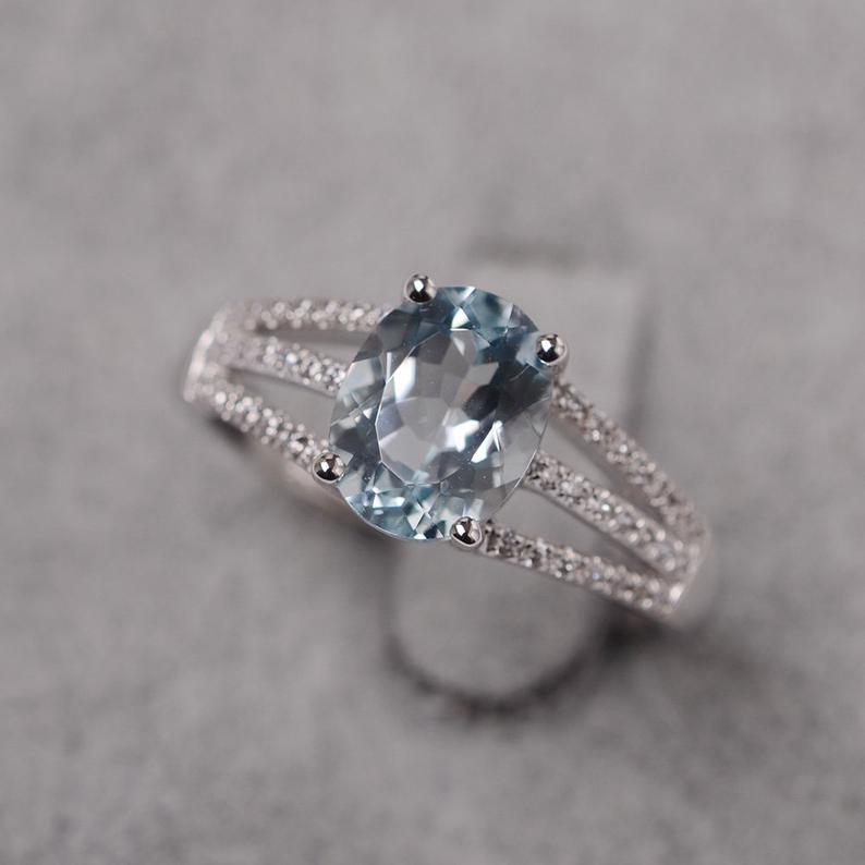 1.75 Ct Oval Cut Aquamarine & White CZ March Birthstone Ring In 925 Sterling Silver