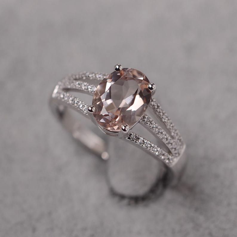 1.75 Ct Oval Cut Peach Morganite Split Shank Engagement Ring In 925 Sterling Silver