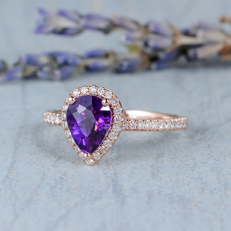 1 CT Pear Cut Amethyst Diamond 925 Sterling Silver Halo Promise Ring Gift For Her