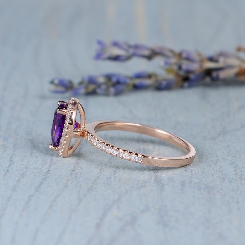 1 CT Pear Cut Amethyst Diamond 925 Sterling Silver Halo Promise Ring Gift For Her