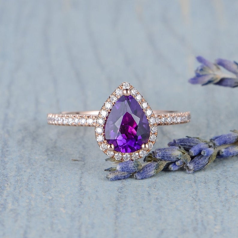 1 CT Pear Cut Amethyst Diamond 925 Sterling Silver Halo Promise Ring Gift For Her
