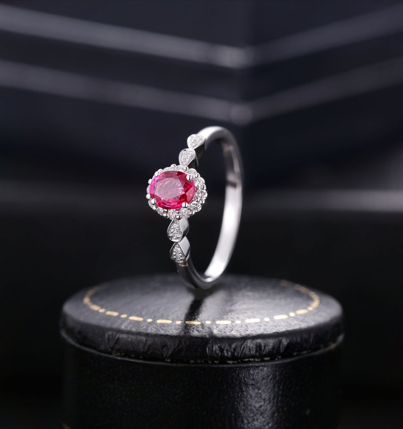 1 CT Oval Cut Red Ruby Diamond 925 Sterling Silver Halo Anniversary Ring