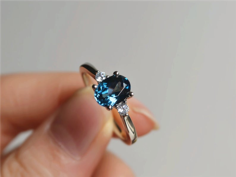 1 CT Oval Cut London Blue Topaz Diamond 925 Sterling Silver Solitaire With Accents Ring