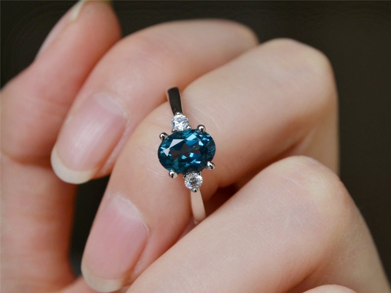 1 CT Oval Cut London Blue Topaz Diamond 925 Sterling Silver Solitaire With Accents Ring